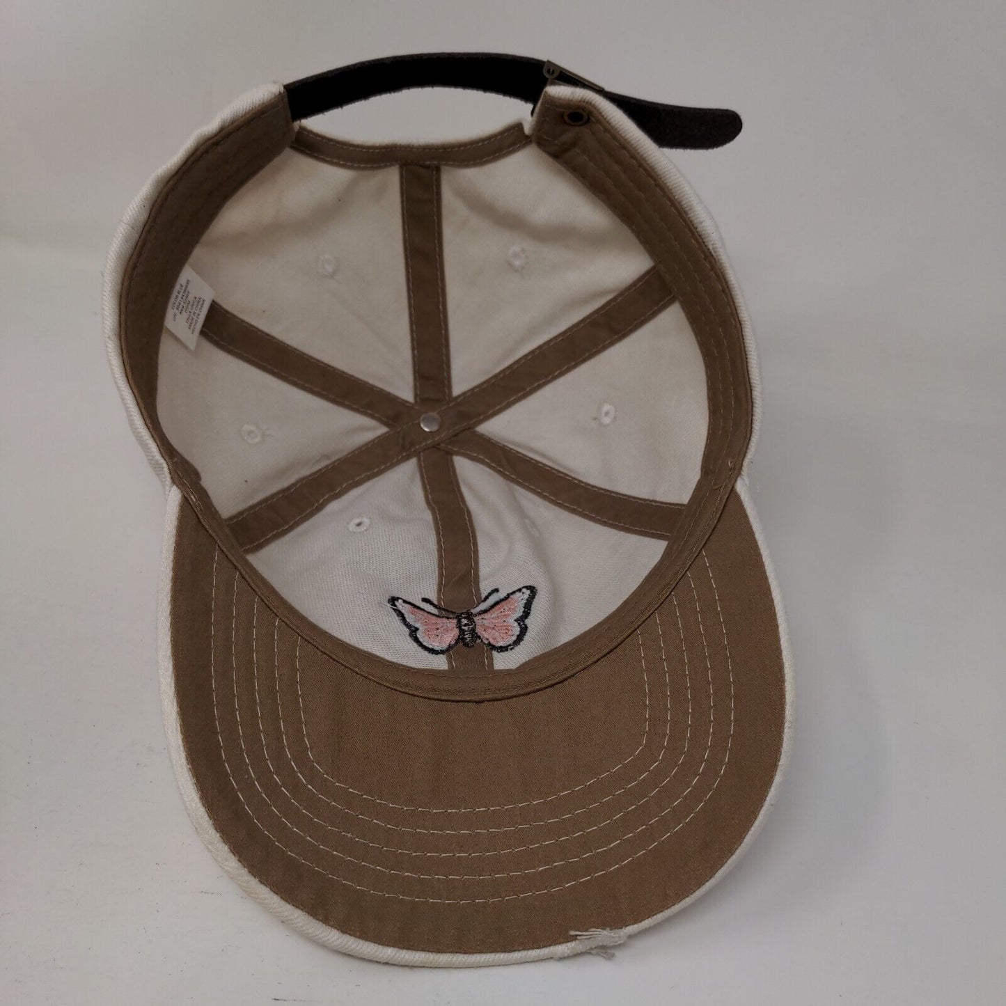 Butterfly Slideback Hat Cream OSFM Embroidered Leather Strap 6 Panel