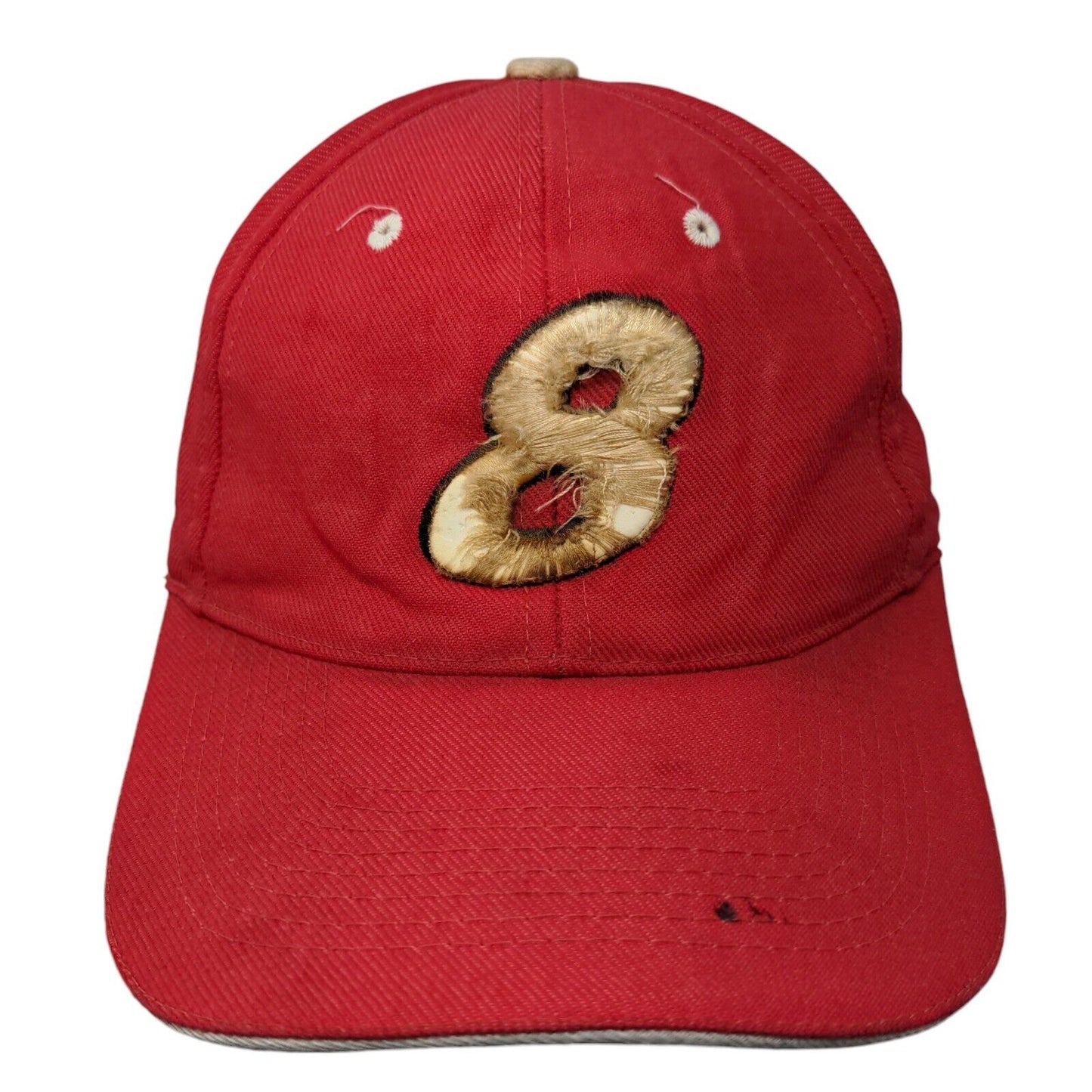 8 Strapback Hat Red One Size Adjustable Embroidered Vented Holes 6 Panel