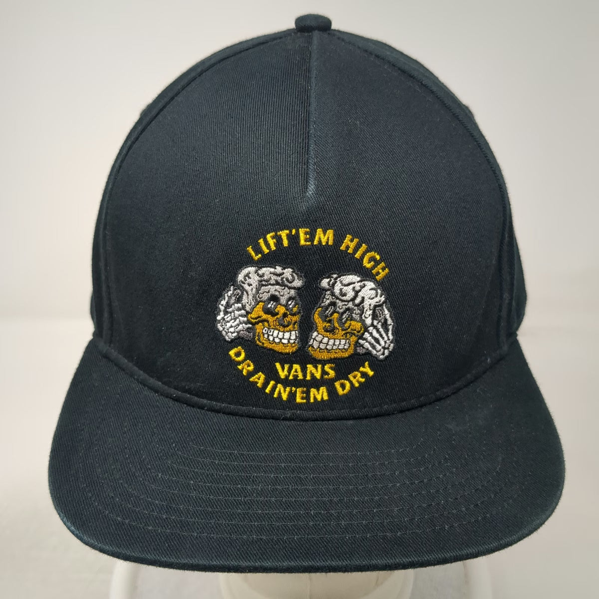 Vans 5 Panel Black Hat OS Snapback Lift Em High Drain Em Dry Skulls Graphic Logo