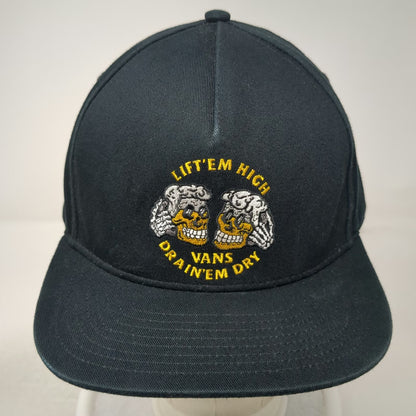 Vans 5 Panel Black Hat OS Snapback Lift Em High Drain Em Dry Skulls Graphic Logo
