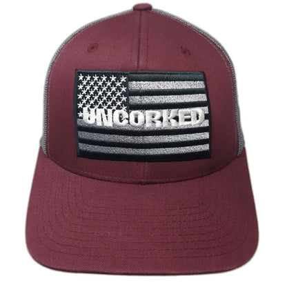 Yupoong Trucker Hat Red Gray One Size Uncorked Flag Patch Mesh Back Snapback