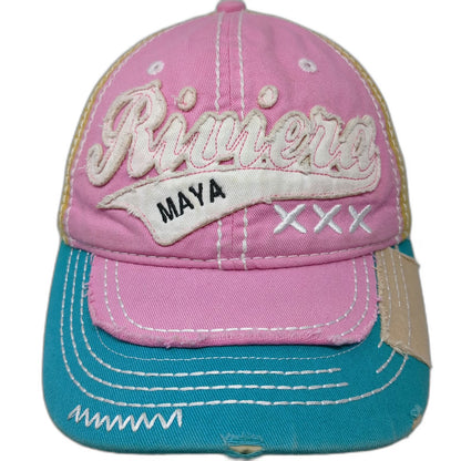 Cotton & Beach Baseball Cap Pink Blue Yellow One Size Riviera Maya Distressed