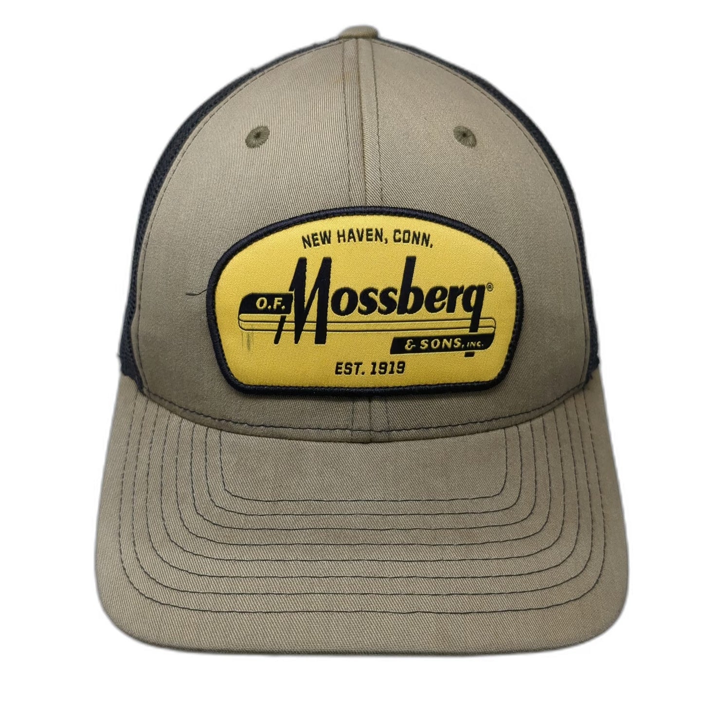 Mossberg Trucker Hat Beige Black One Size Patch Mesh Back Snapback Firearms Cap