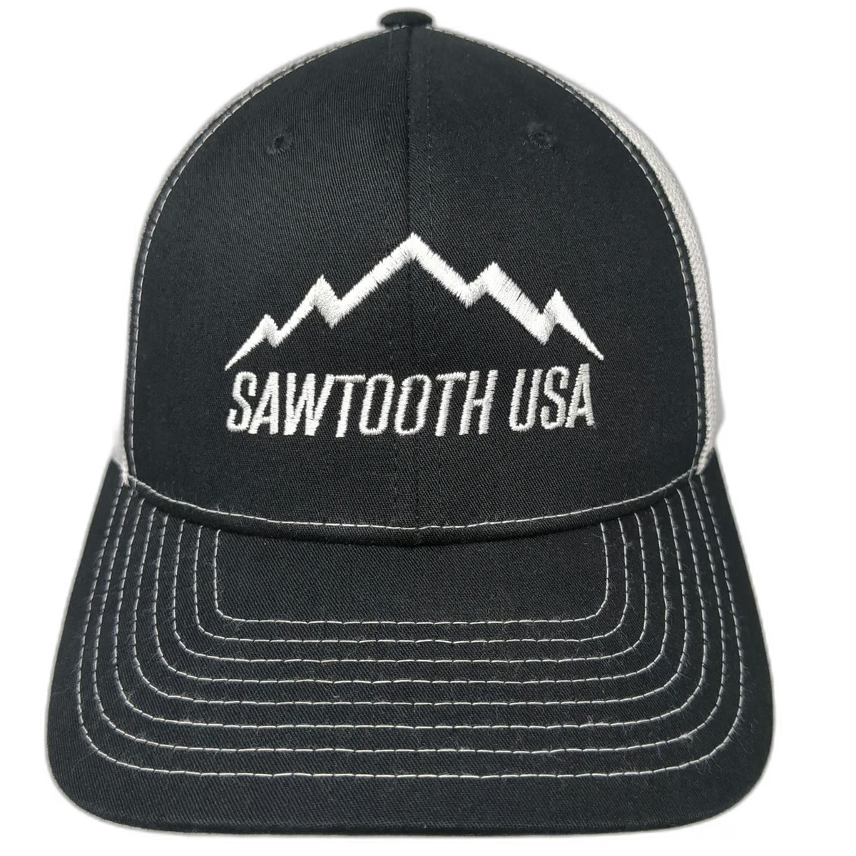 Richardson Trucker Hat Black One Size Sawtooth USA Mountain Mesh Snapback