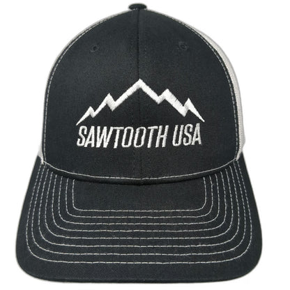 Richardson Trucker Hat Black One Size Sawtooth USA Mountain Mesh Snapback