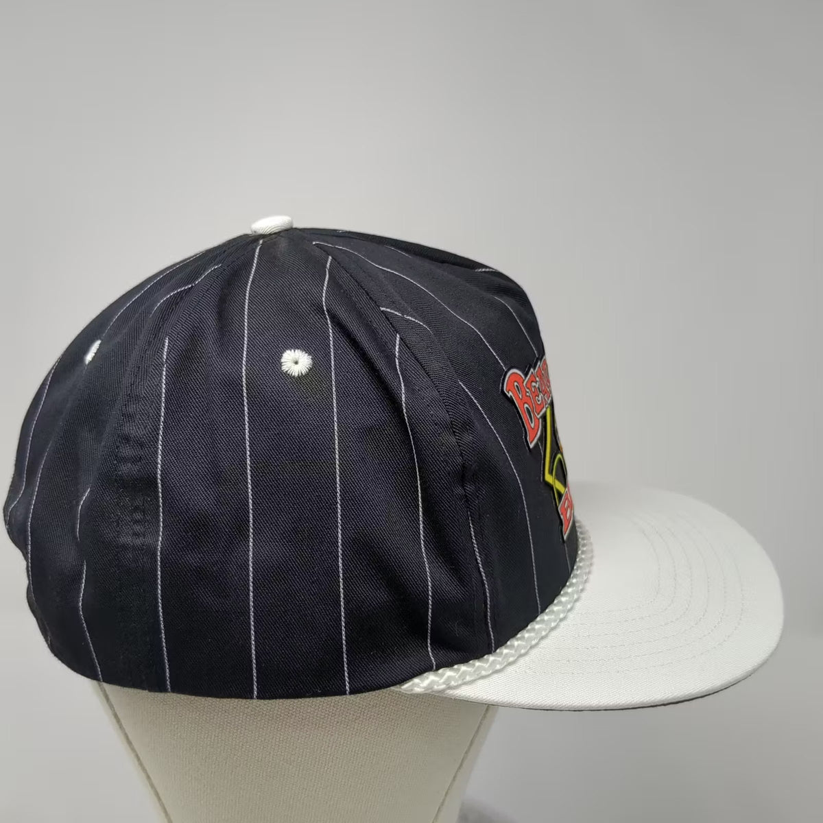 San Sun Bear Whiz Beer Hat 5 Panel Black White Pinstripe Rope Snapback Vintage