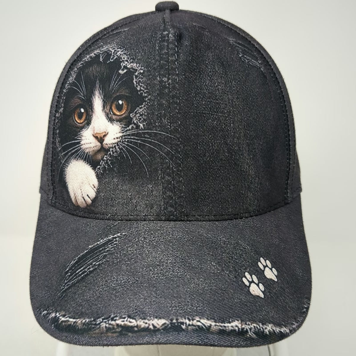 Snapback Gray One Size Distressed Denim Kitten Cat Animal Paw Prints Frayed Hat