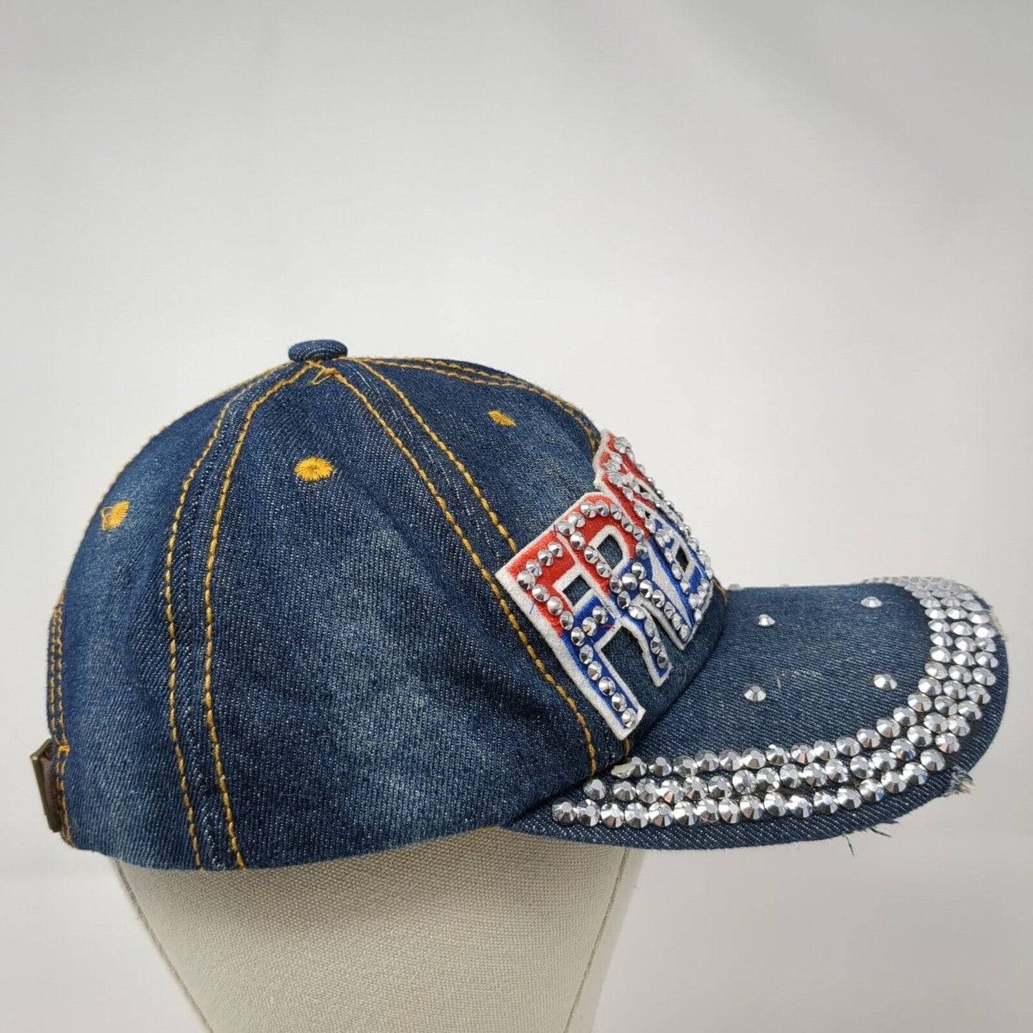 Freedom Rhinestone Bling Slideback Hat Blue One Size Denim Studded
