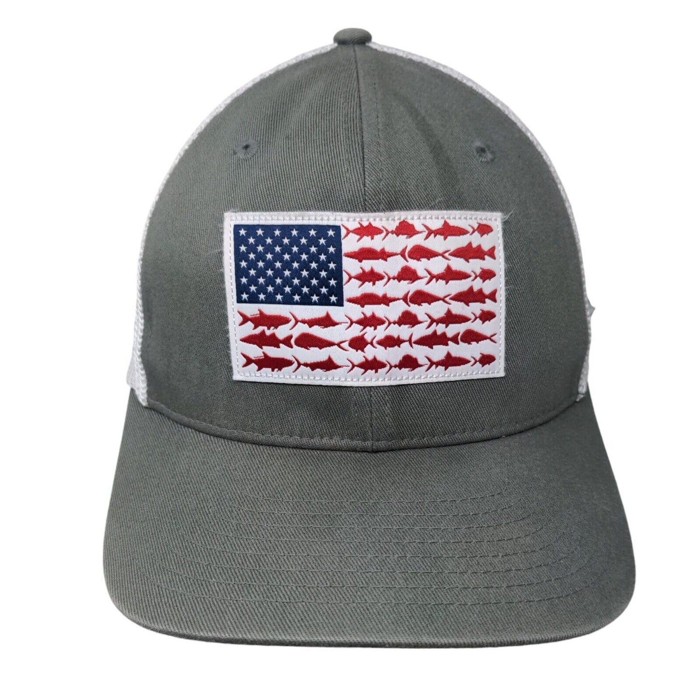 Columbia PFG Fitted Trucker Hat Gray S/M Embroidered Patriotic Mesh Back