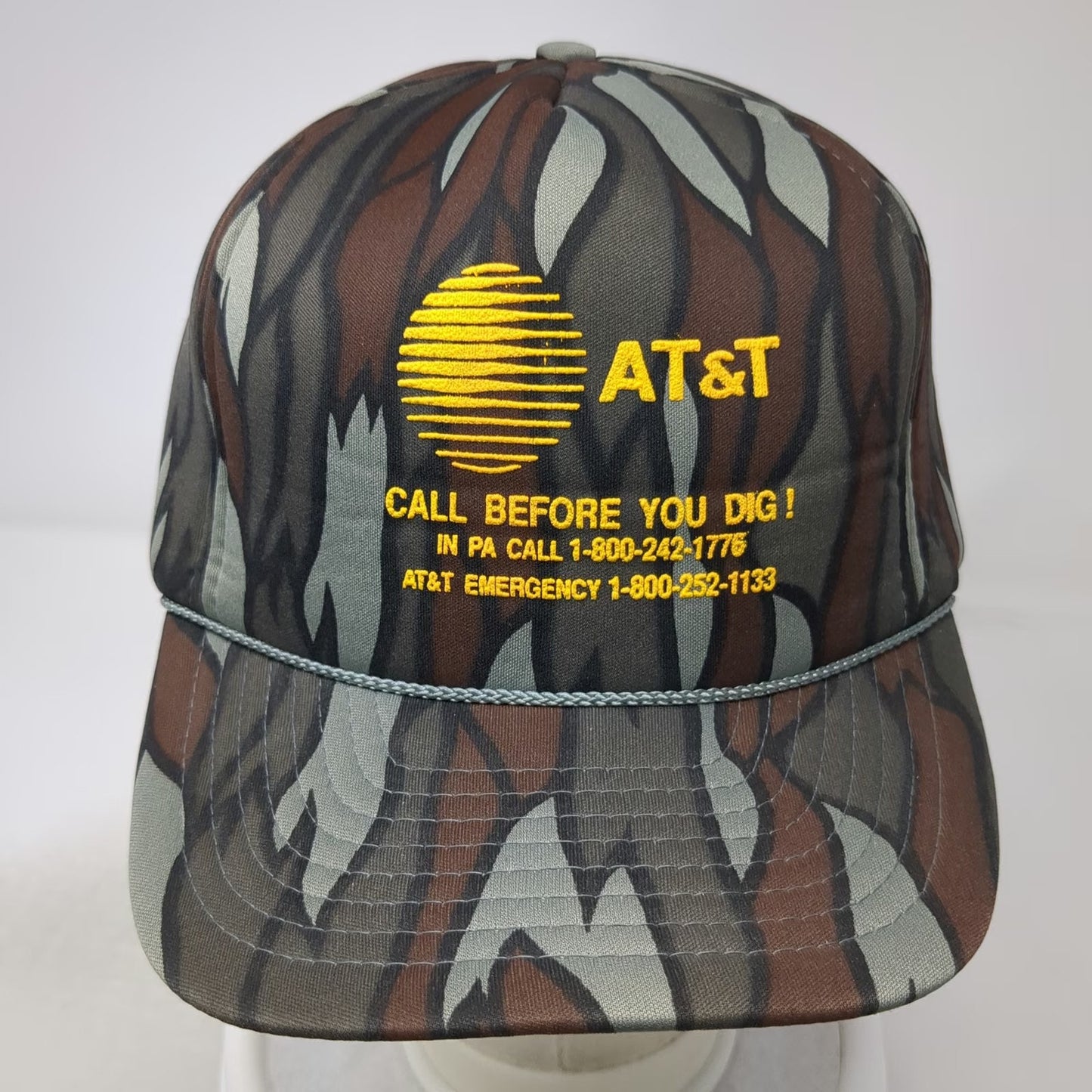 San Sun 5 Panel Green Camo Snapback Hat AT&T Call Before You Dig Rope Vintage