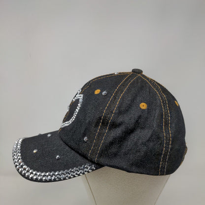 Heart Bling Slideback Hat Black One Size Leather Strap 6 Panel Studded