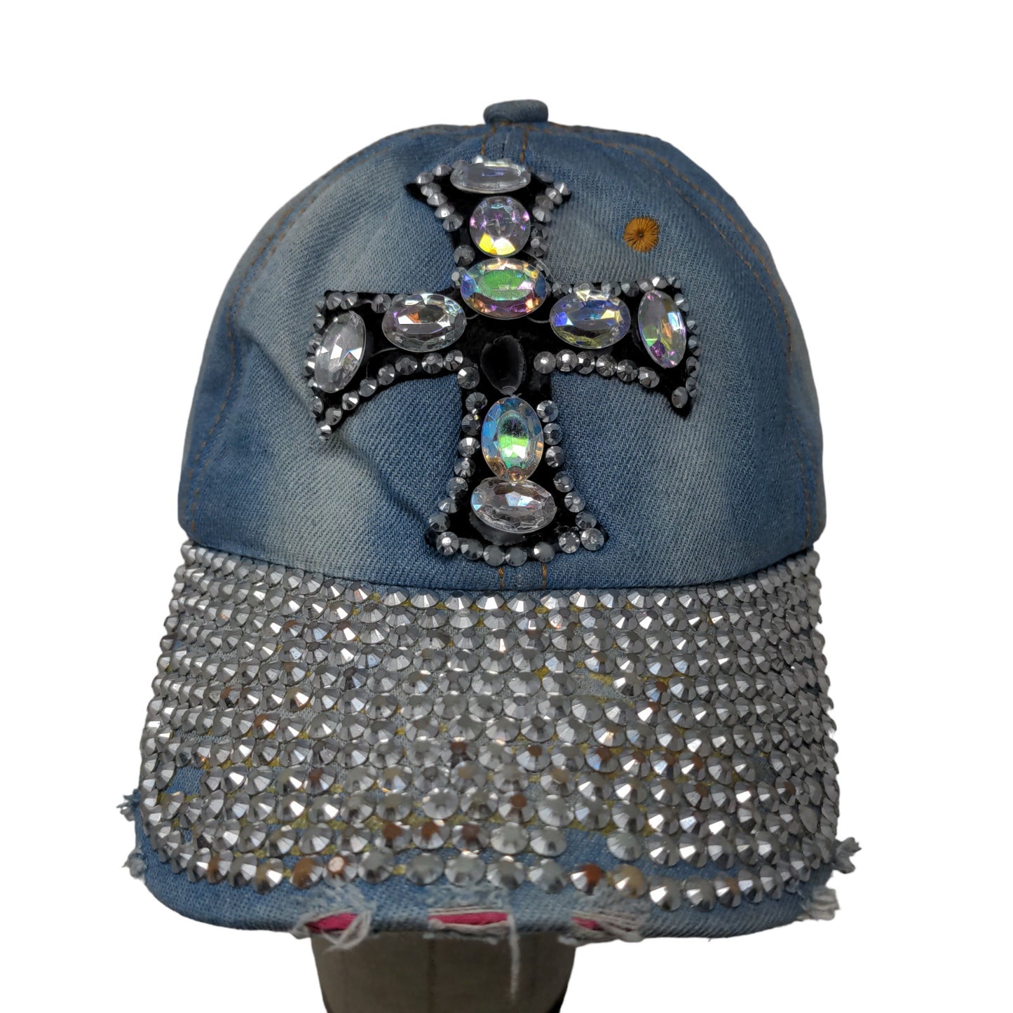 Unbranded Women's Slideback Hat Blue Western Rhinestones Cross Accents