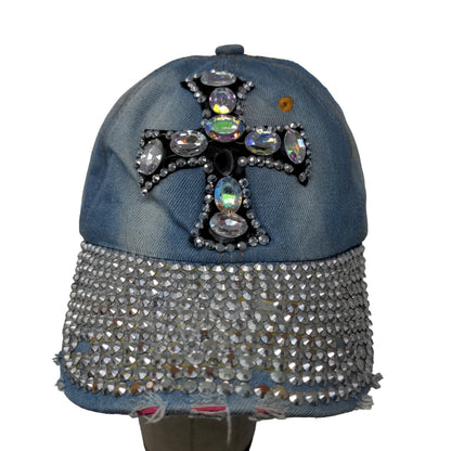 Unbranded Women's Slideback Hat Blue Western Rhinestones Cross Accents