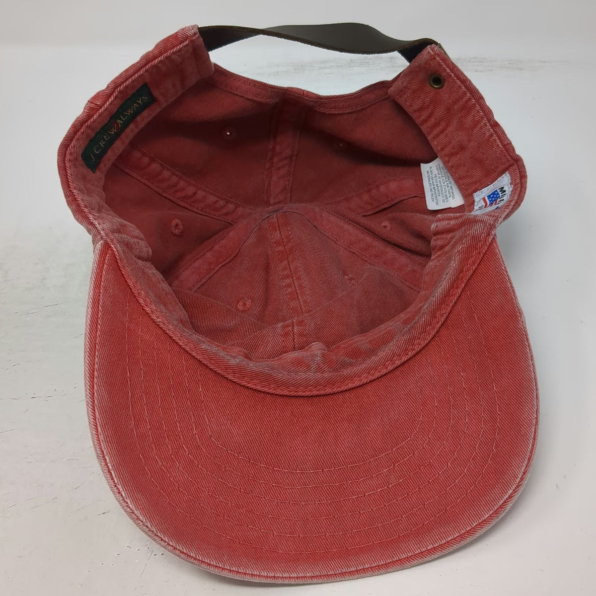 J.Crew Red Baseball Cap Made in USA Leather Strapback Washed Cotton Hat Vintage
