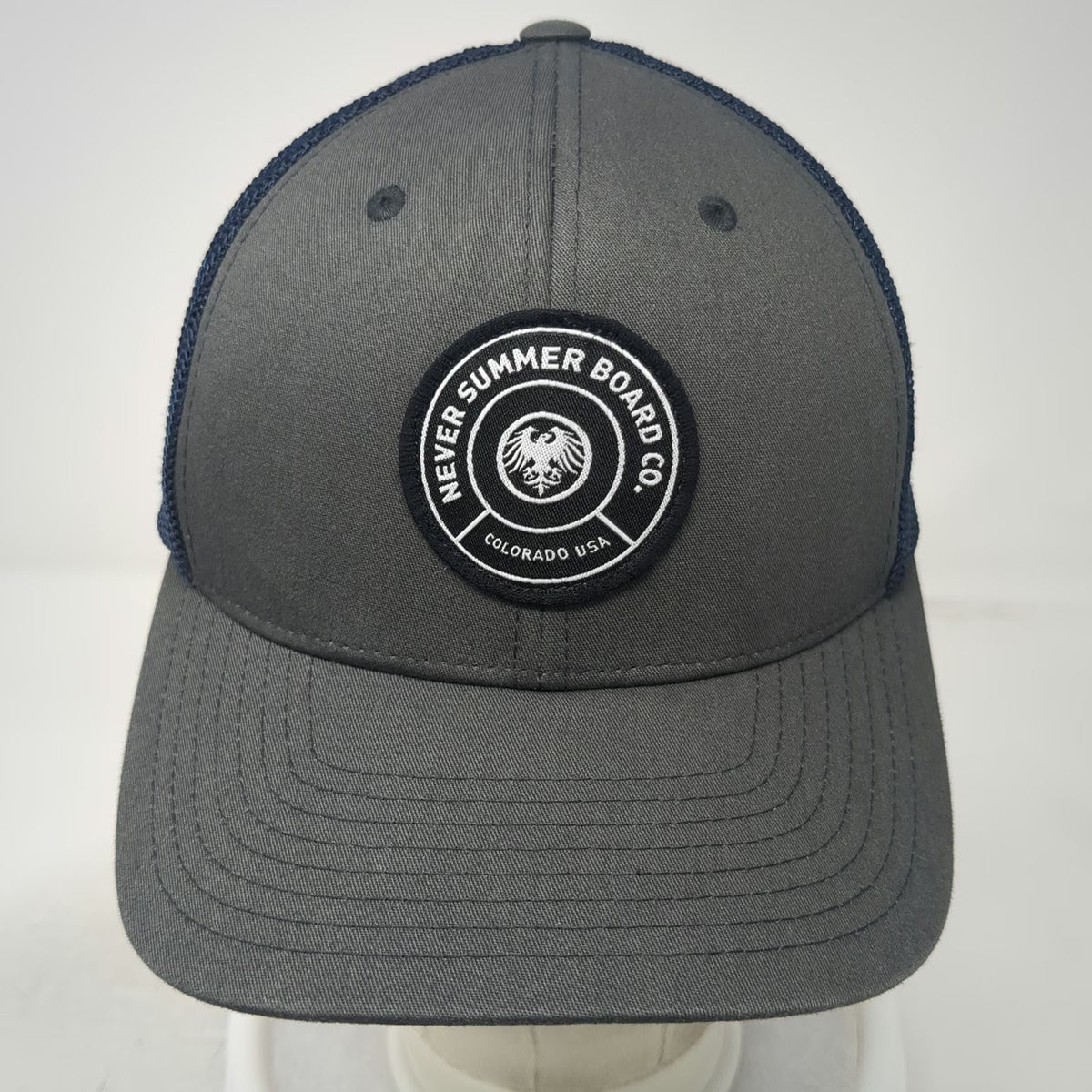 Never Summer Board Co Baseball Cap Gray Blue One Size Mesh Back Flexfit Hat