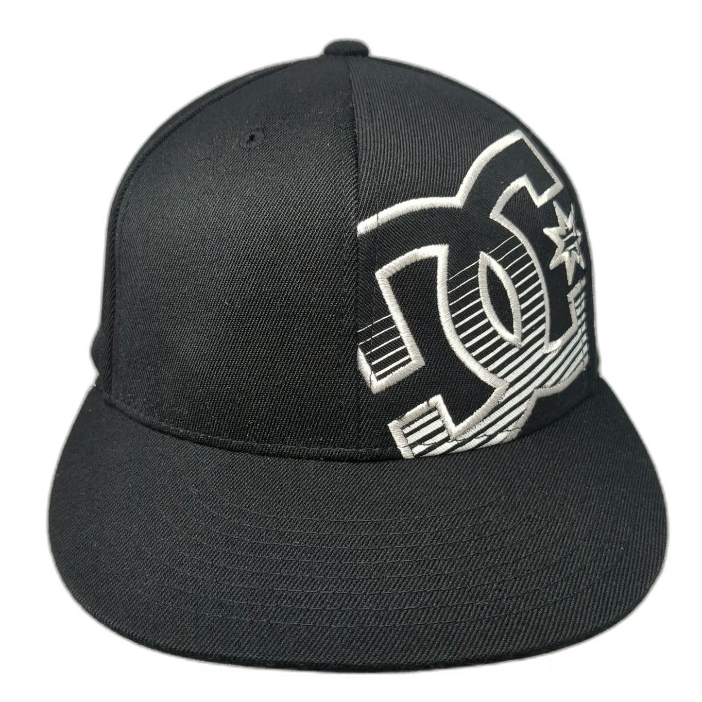 DC Baseball Cap Black 7 5/8 Flexfit 210 Logo Flat Brim Stretch Fitted hat