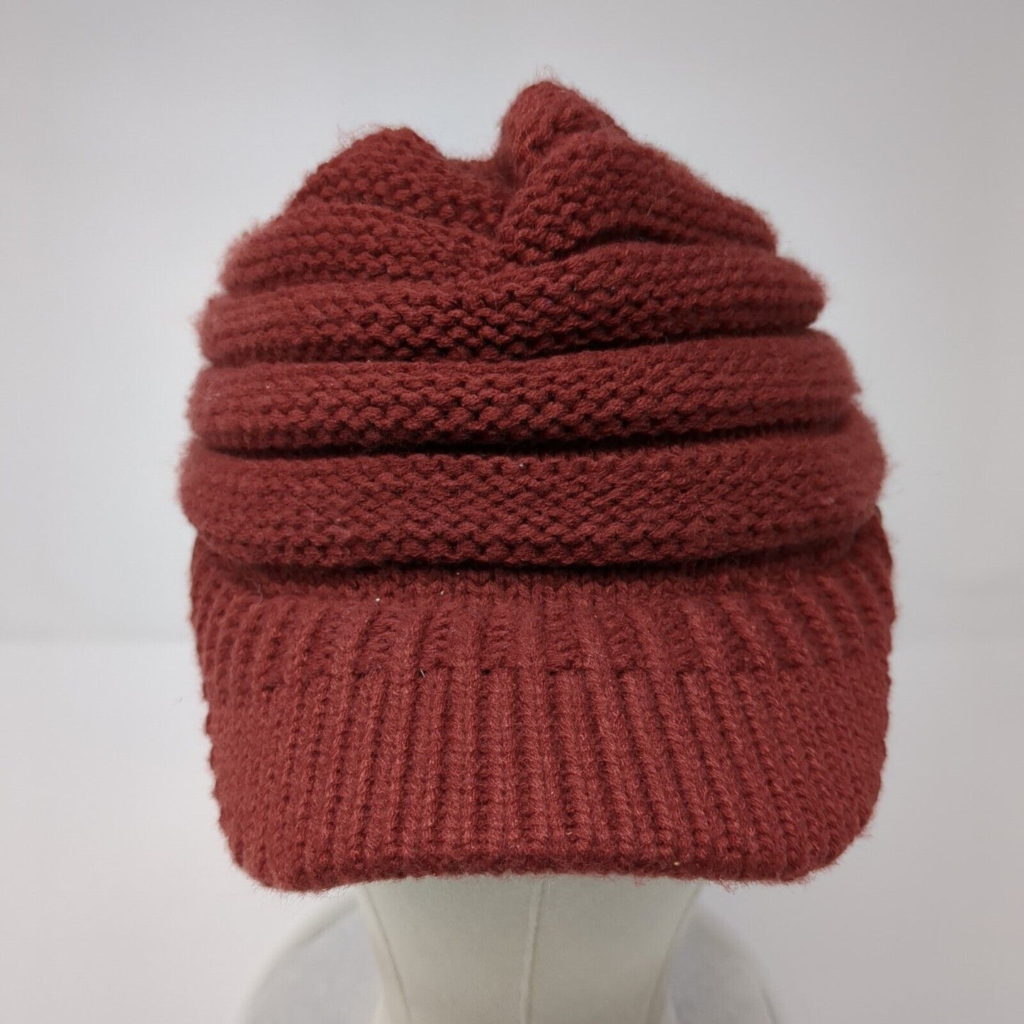 C.C Exclusives Fitted Knit Beanie Red OSFA Bun Ponytail Solid Blank