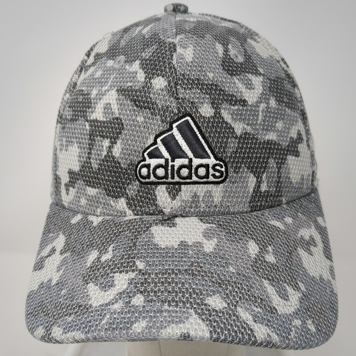 Adidas Baseball Cap Gray One Size Fitted Camo Mesh Stretch Hat Embroidered Logo