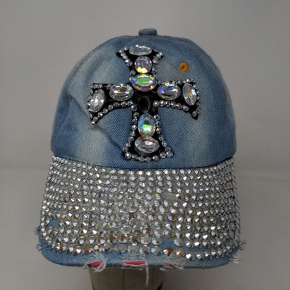 Unbranded Women's Slideback Hat Blue Western Rhinestones Cross Accents