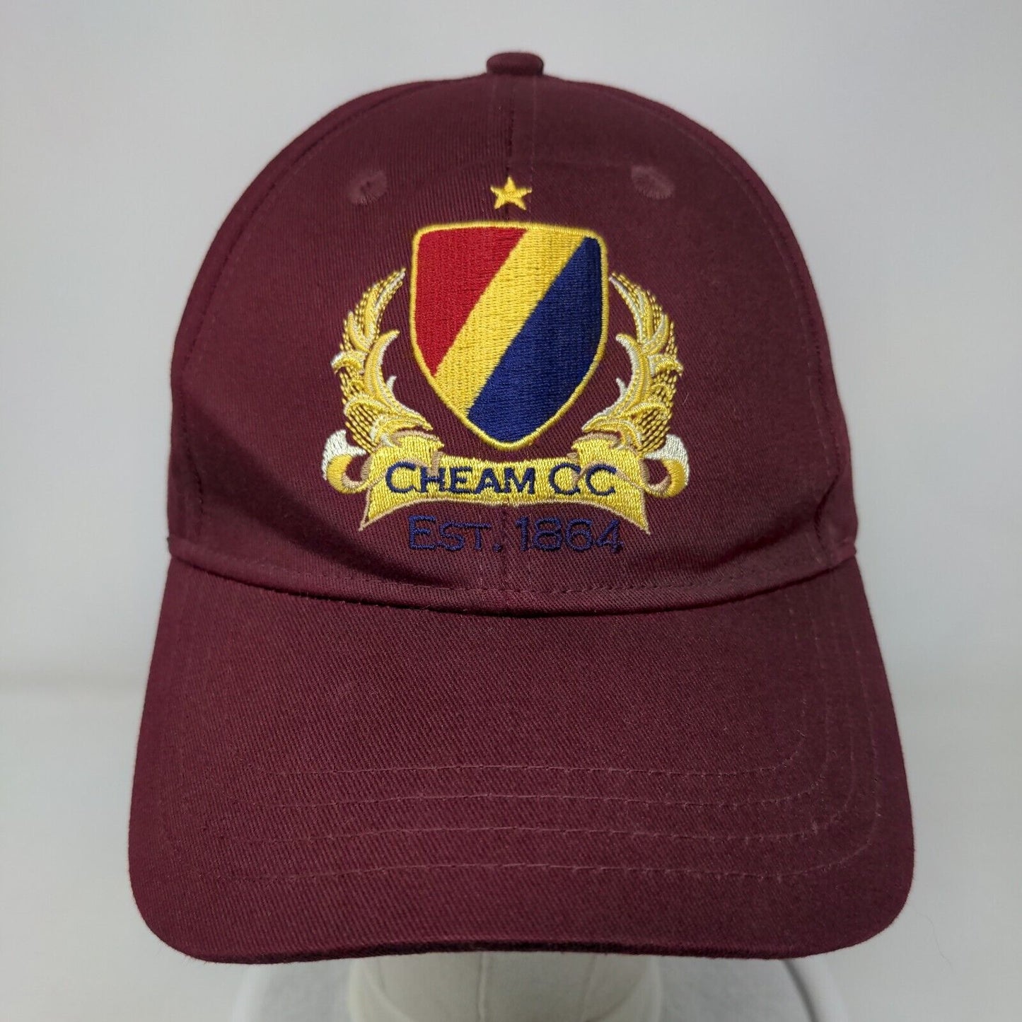 Cheam CC Cricket Club Est 1864 Strapback Hat Red Burgundy One Size Embroidered