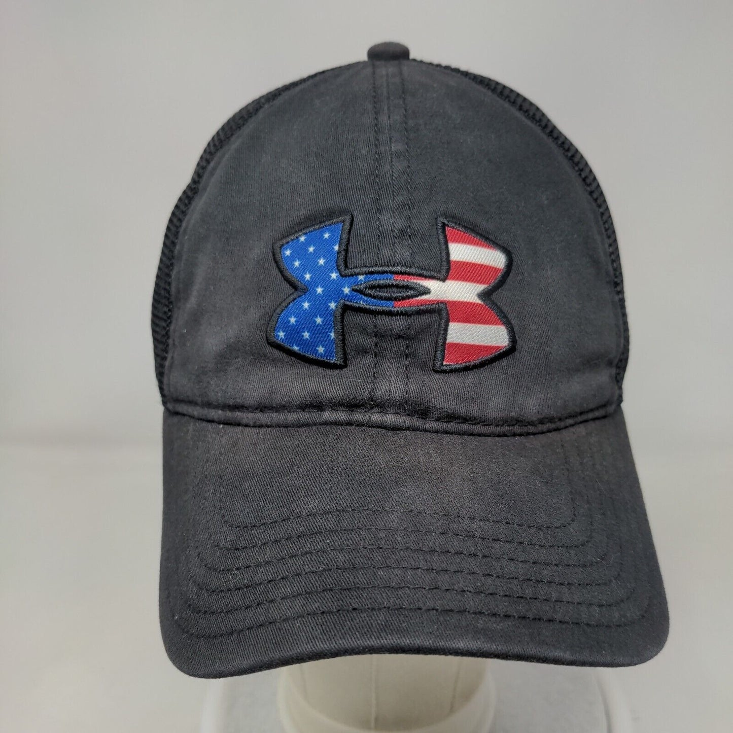Under Armour Snapback Trucker Hat Black OSFA Embroidered Patriotic Mesh Back