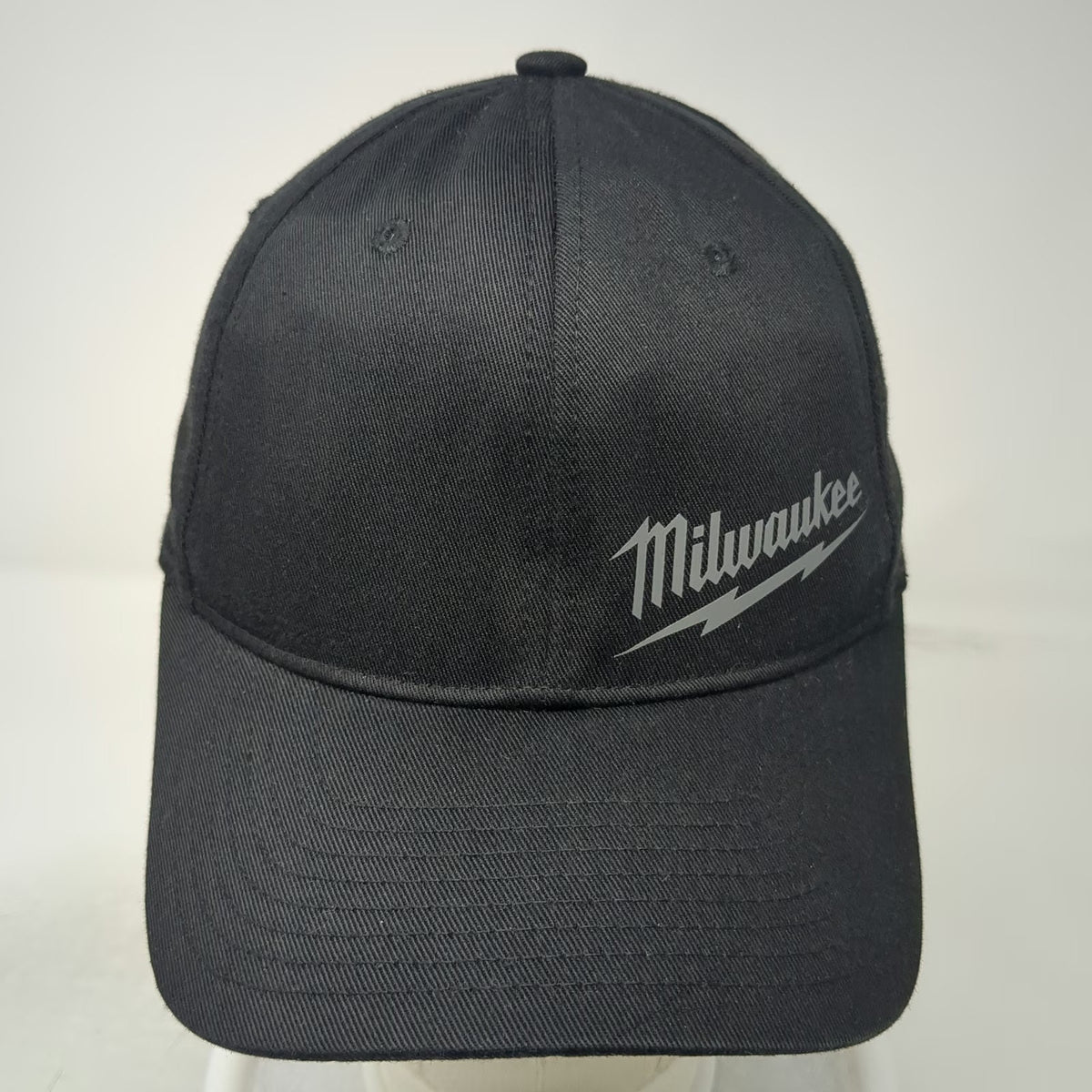 Milwaukee Tool Logo Black Cap M Stretch Fit Hat Curved Brim Gray Red Tab Work