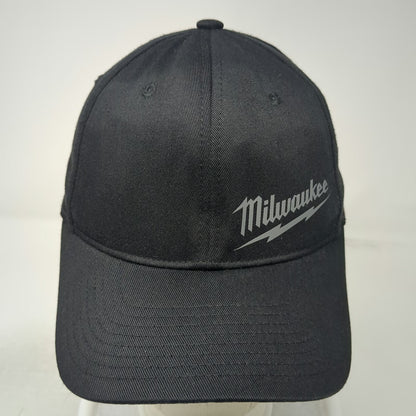 Milwaukee Tool Logo Black Cap M Stretch Fit Hat Curved Brim Gray Red Tab Work