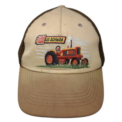 Les Schwab 5 Panel Brown One Size Tractor Embroidery Mesh Strapback Farmers hat