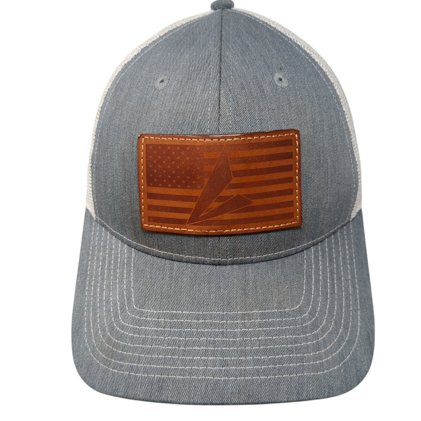 USA Flag Leather Patch Snapback Trucker Hat Gray One Size Mesh Back