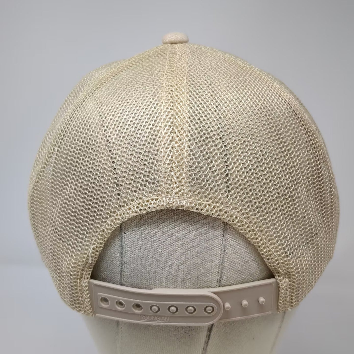 Young An Intelledex Beige Trucker Hat OS Mesh Patch Snapback Graphic Vintage