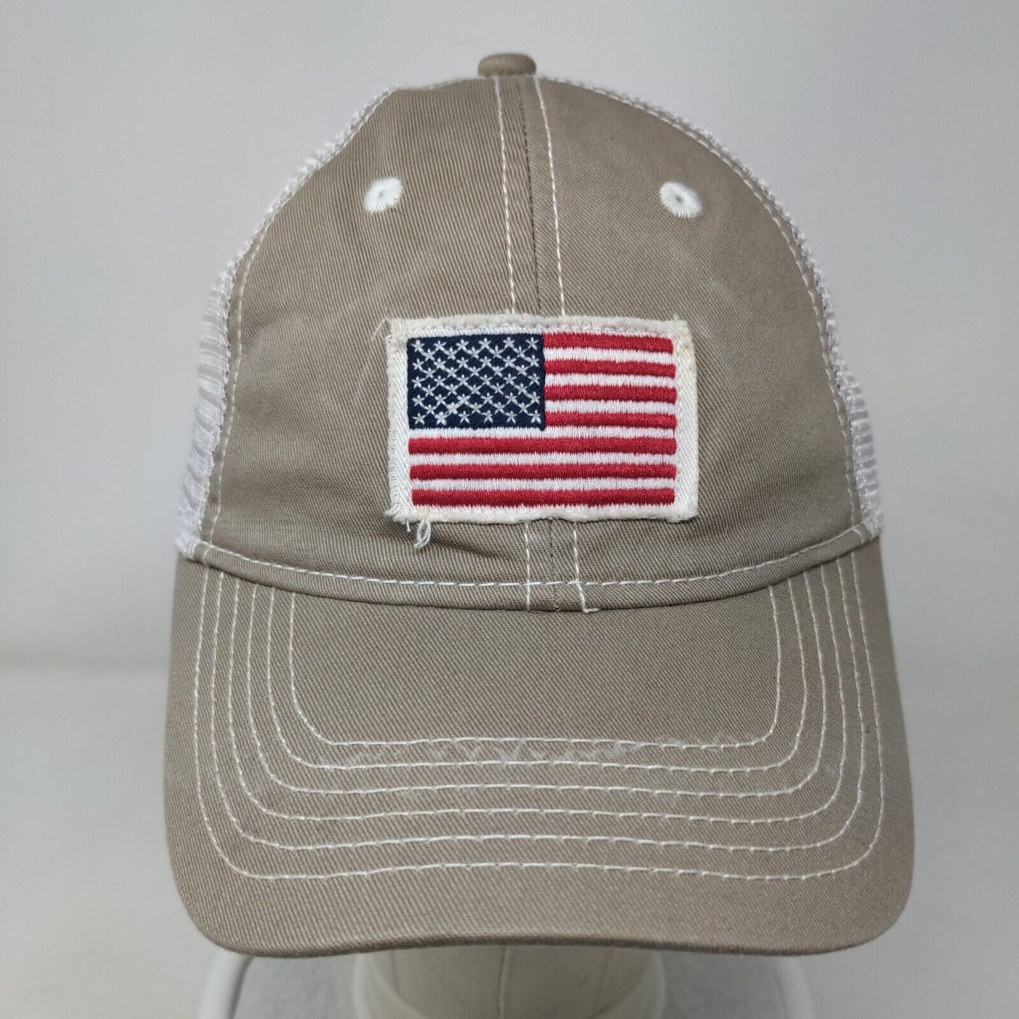 American Flag Strapback Trucker Hat Tan One Size Embroidered Patriotic Mesh Back