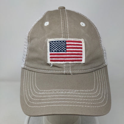 American Flag Strapback Trucker Hat Tan One Size Embroidered Patriotic Mesh Back