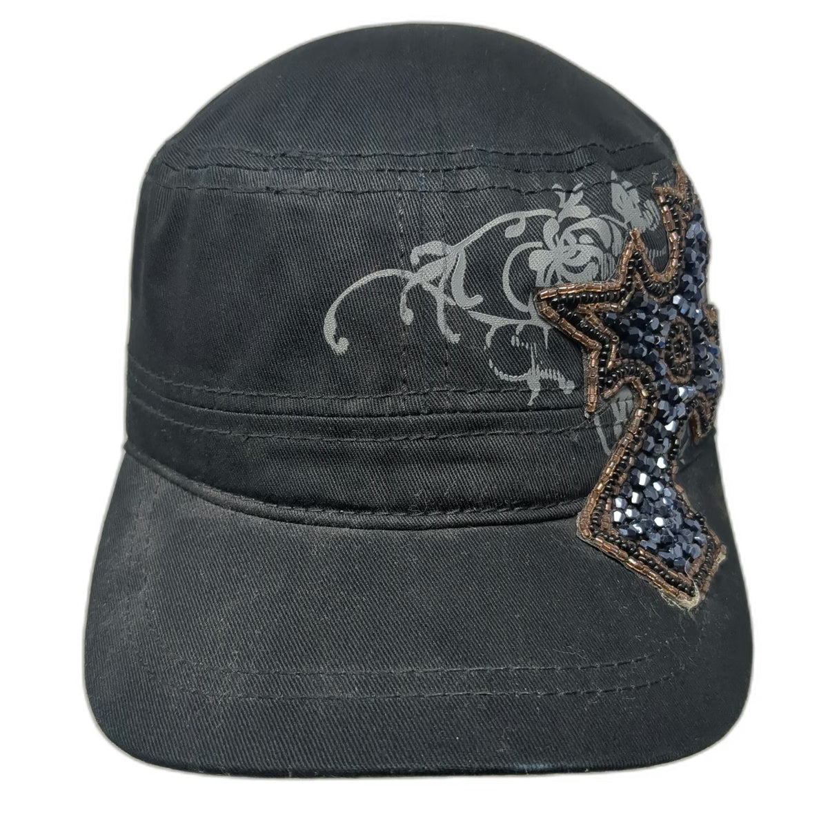 Army Cap Black OSFM Beaded Cross Floral Graphic Embellished Fashion Cadet Hat