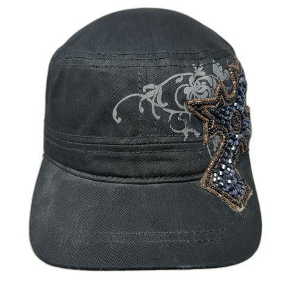 Army Cap Black OSFM Beaded Cross Floral Graphic Embellished Fashion Cadet Hat