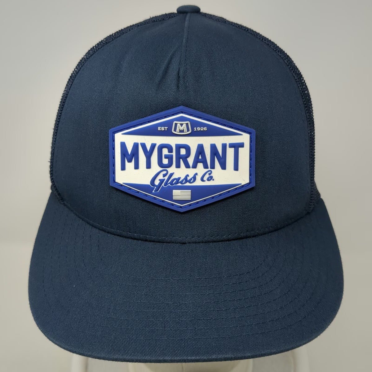 Yupoong Trucker Hat Blue One Size Mygrant Glass Co Patch Mesh Back Snapback