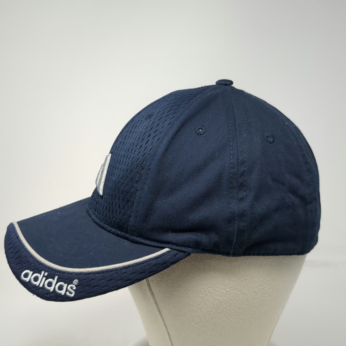 Adidas Baseball Cap Blue White 7 1/4 Fitted Hat Mesh Logo Curved Brim Piping