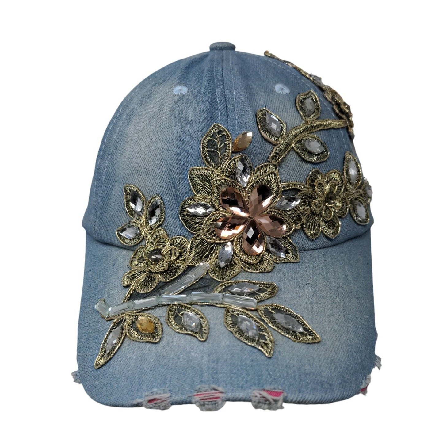 Unbranded Slideback Hat Blue OSFM Leather Strap Embellished Denim