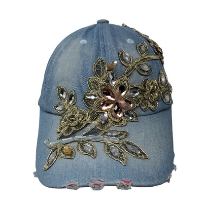 Unbranded Slideback Hat Blue OSFM Leather Strap Embellished Denim