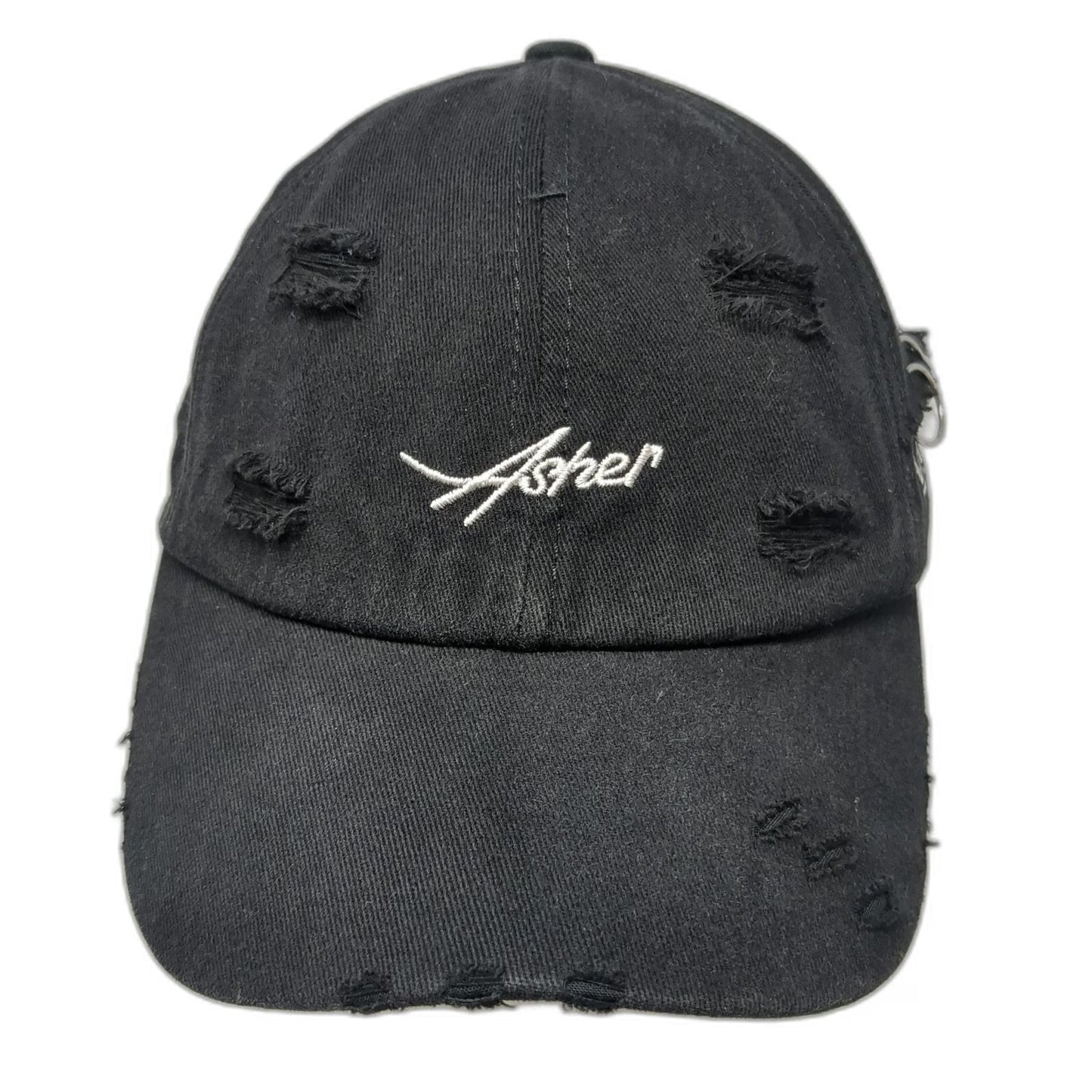 Black Baseball Cap OS Distressed Metal Rings Embroidery Slideback Hat Cotton