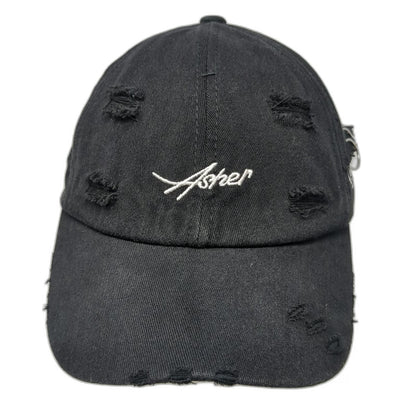 Black Baseball Cap OS Distressed Metal Rings Embroidery Slideback Hat Cotton