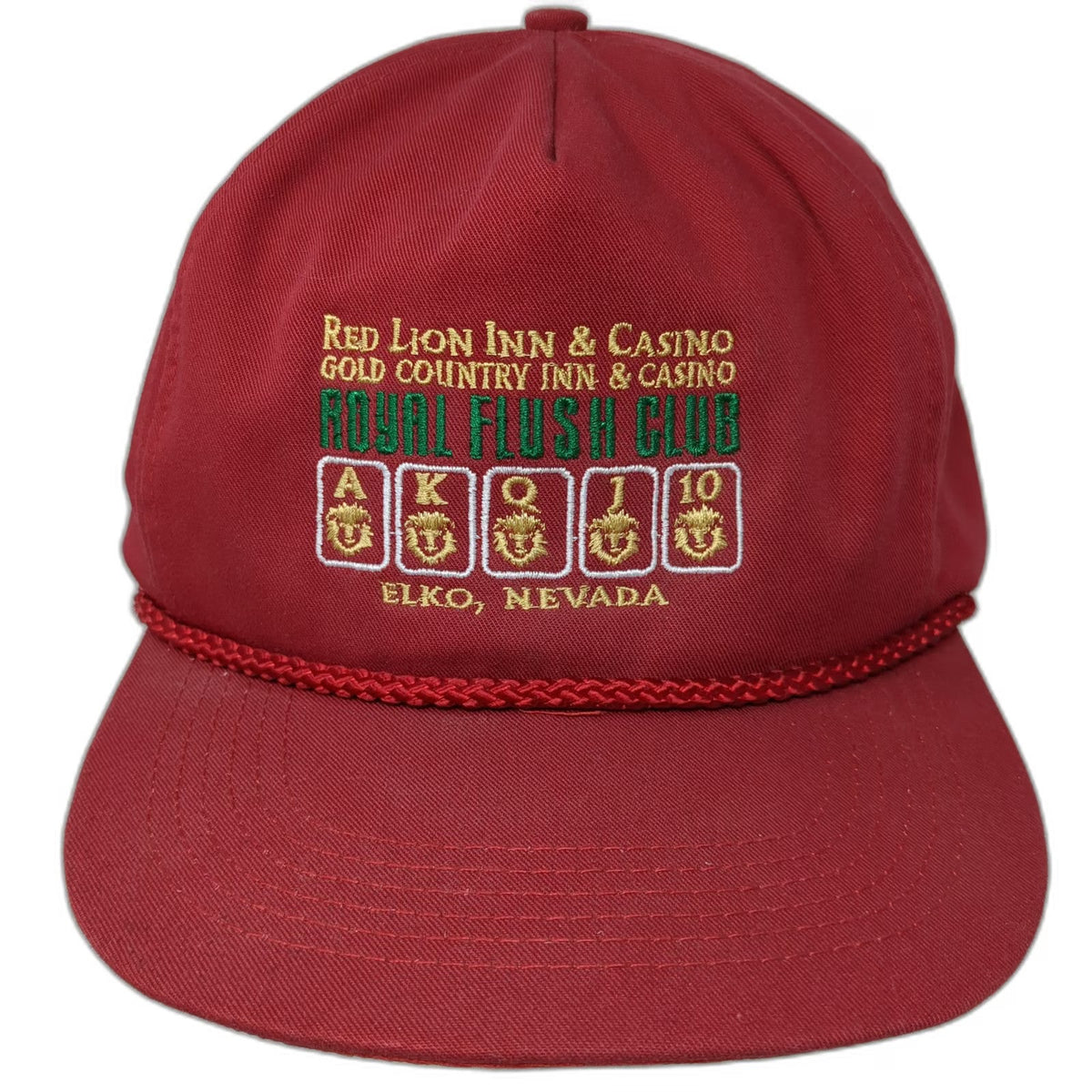 San Sun 5 Panel Red Hat One Size Rope Casino Royal Flush Club Elko Nevada Cards