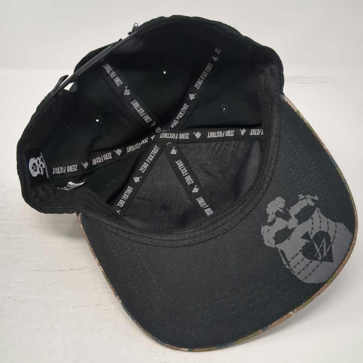Zero Foxtrot Snapback Hat Black Camo One Size Skull Ace Patch Logo Brim Cotton