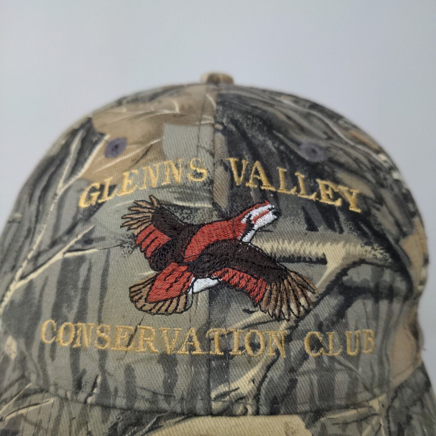 Nissin Men's Slideback Camo Hat Glenns Valley Conservation Club Embroidered Logo