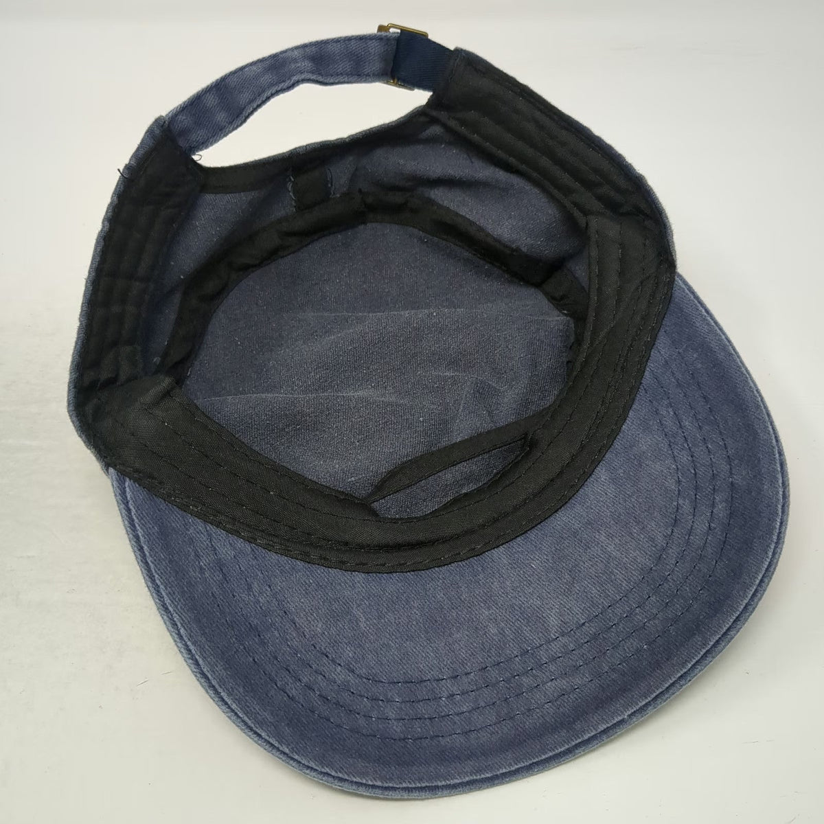 Army Cap Blue One Size Washed Denim Flat Top Adjustable Strapback Buckle Hat