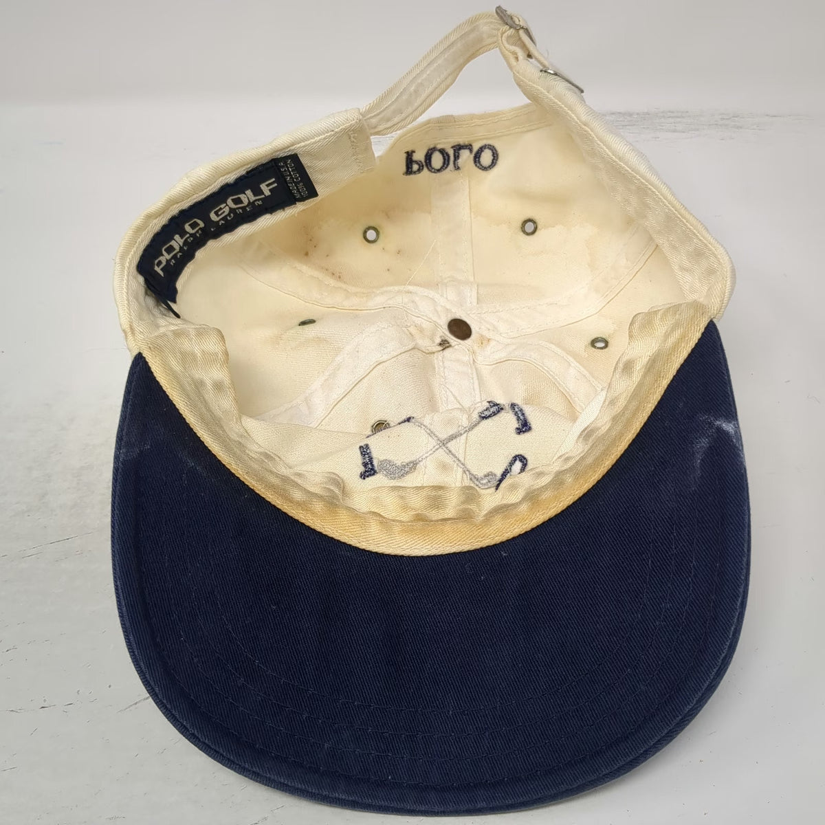 Polo Golf Ivory Blue OS Baseball Cap Slideback Cotton USA Clubs Hat Vintage