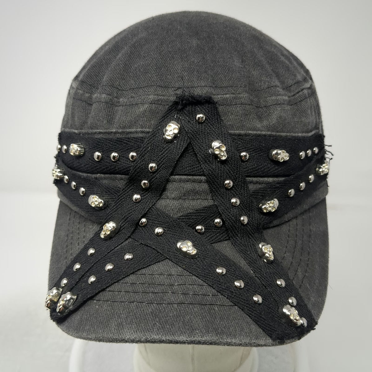 Army Cap Gray One Size Skull Studded Pentagram Silver Metal Charms Slideback Hat