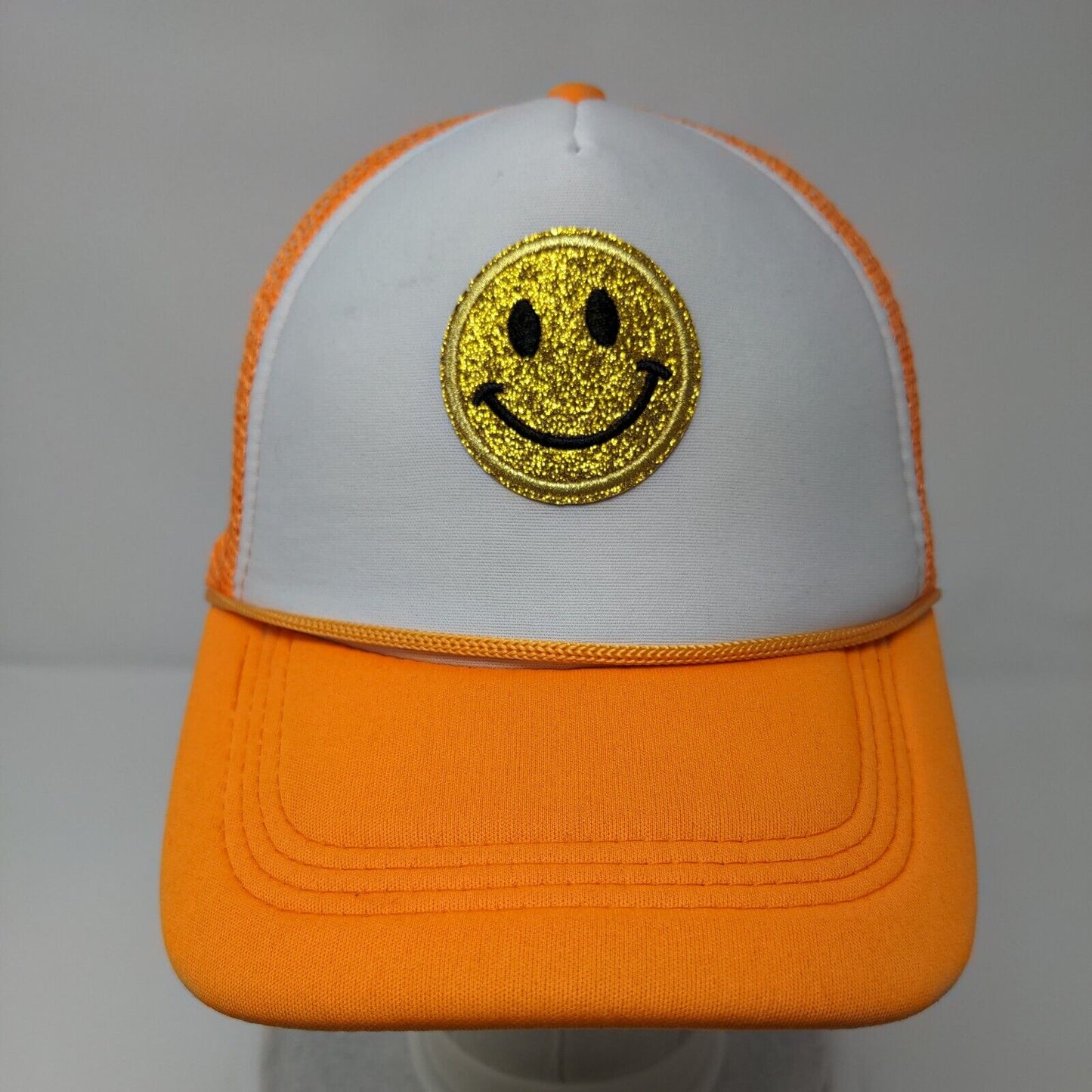 Smiley Snapback Mesh Back Rope Trucker Hat Orange One Size Colorblock