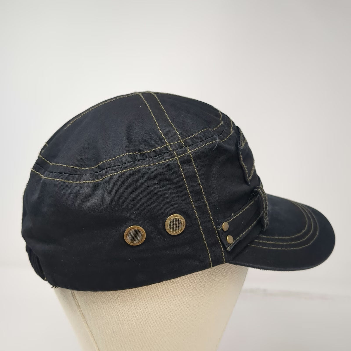 Elastafit Army Cap Black One Size Gold Contrast Stitching Hat Metal Eyelets