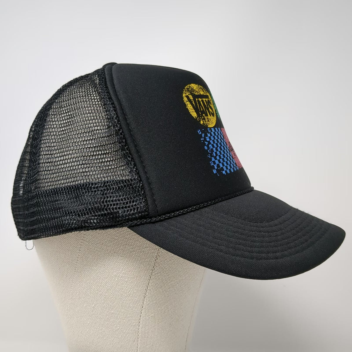 Vans Trucker Hat Black One Size Mesh Back Snapback Palm Tree Checkerboard