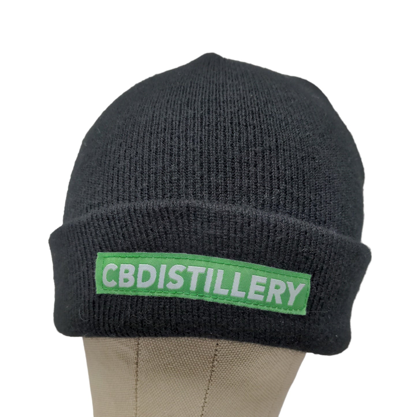 CBDistillery Men's Knit Beanie Hat Black Patch Logo 100% Acrylic